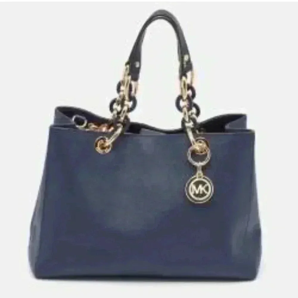 MICHAEL Michael Kors Navy Blue Saffiano Leather Cynthia Tote Roomy Luxury - Picture 1 of 8